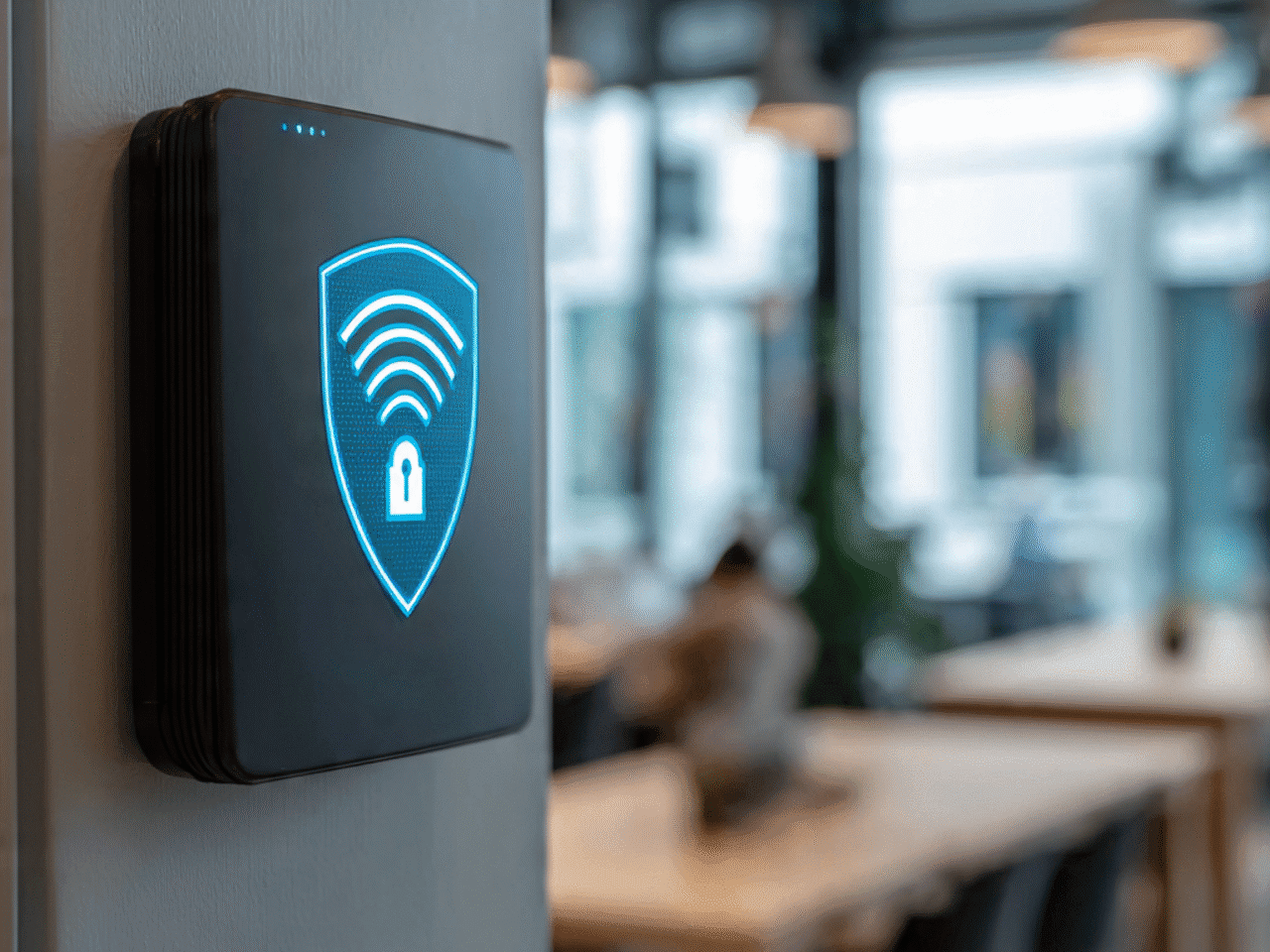Digital lock and shield overlay on a Wi-Fi router in a small business setting.