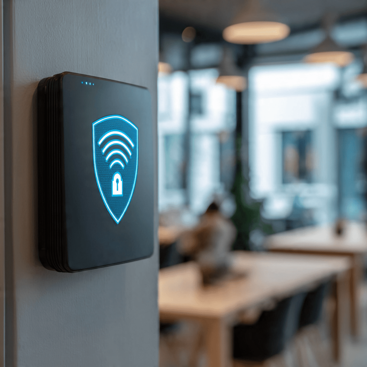 Digital lock and shield overlay on a Wi-Fi router in a small business setting.
