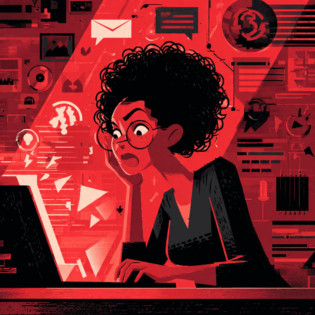 A frustrated office worker clicking a phishing email on screen, with red warning signals and data streams escaping the computer, symbolising insider threats.