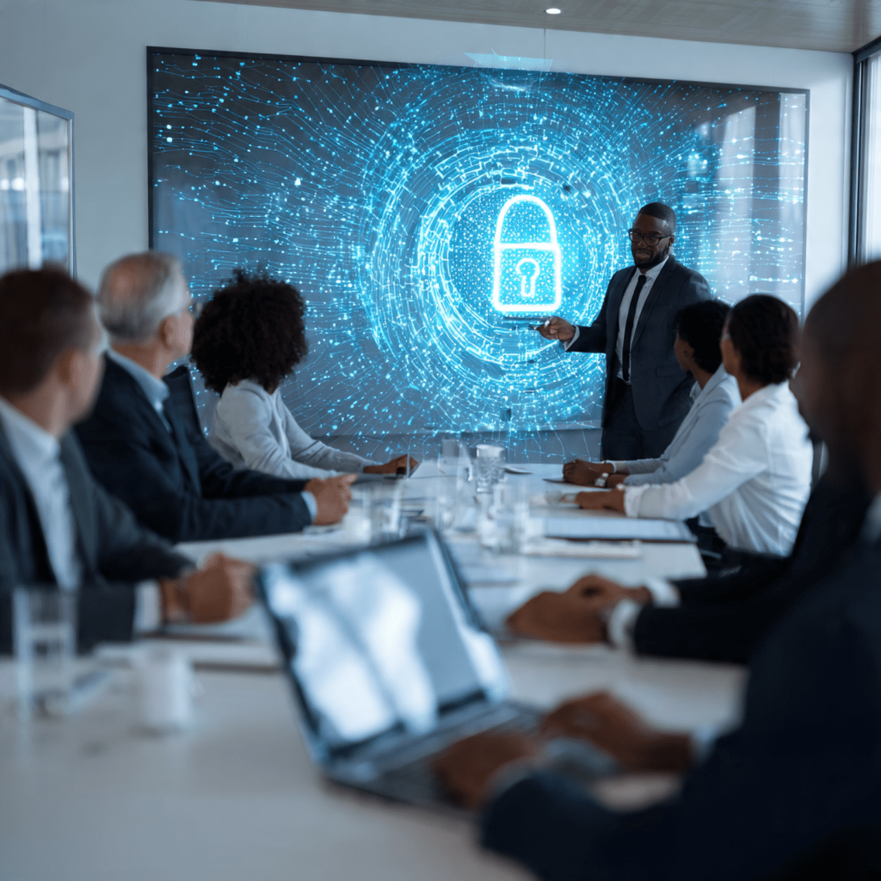 A business team in a boardroom receiving cybersecurity training, a presenter pointing at a holographic lock icon, focus on human awareness and education.